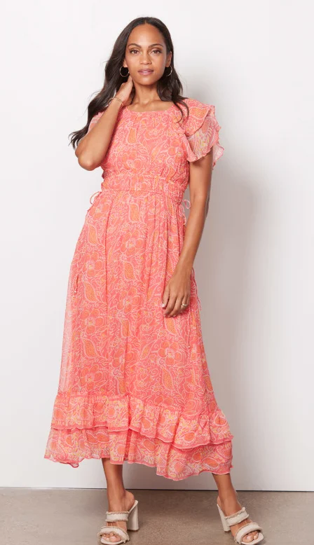 Hannah Tiered Coral Blossom Maxi Dress Stylish Pleated A-Line Maxi Dress