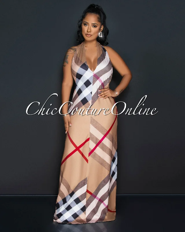Jenae Camel Plaid Print Halter Maxi Dress Trendy A-Line Maxi Dress
