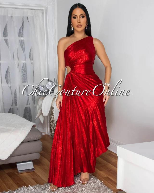 Jovinia Red Pleated Single Shoulder Maxi Dress Elegant Lace-Up Maxi Dress