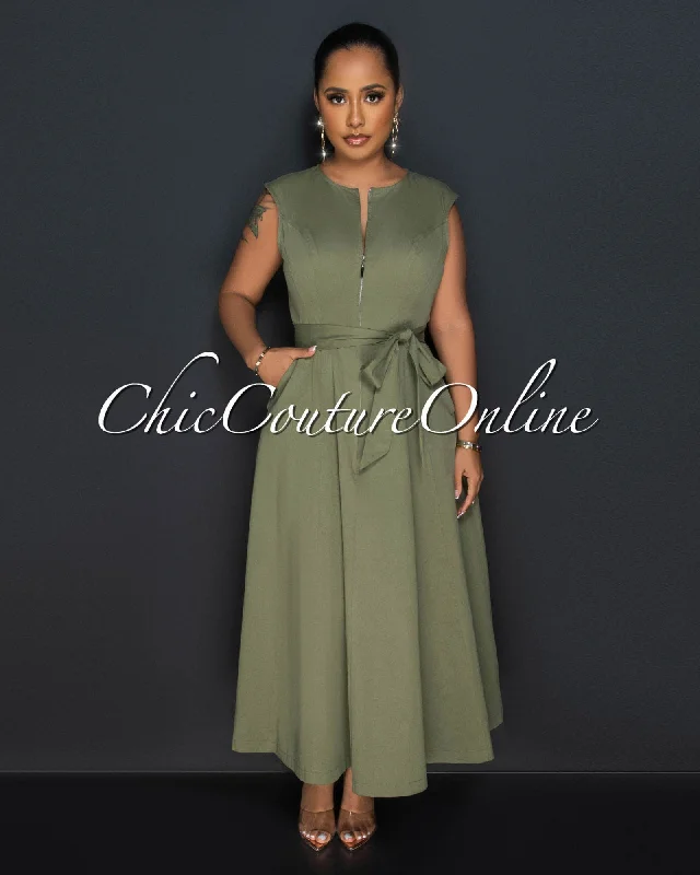 Kamille Olive Green Front Zipper Maxi Dress Fashionable Sleeveless Maxi Dress