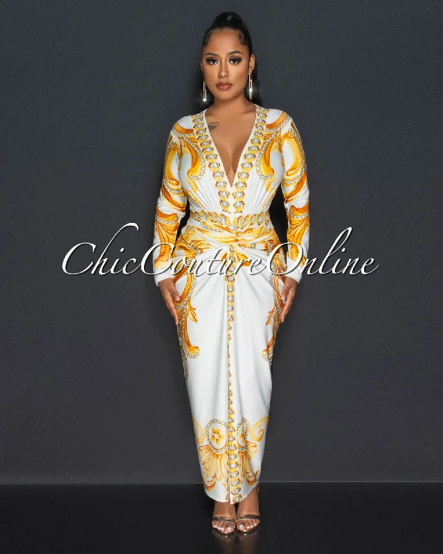 Kebba White Gold Print Deep V Neckline Front Knot Maxi Dress Fashionable High-Low Maxi Dress