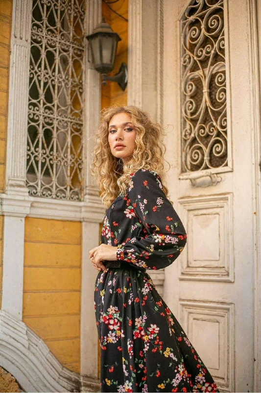 Kelsi Floral Long Maxi Dress with Long Sleeves Fashionable Faux Wrap Maxi Dress