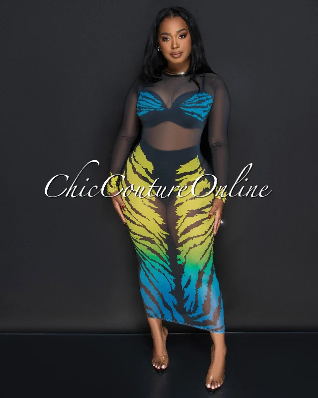 Kenja Black Multi Color Mesh Long Sleeves Maxi Dress Trendy Satin Maxi Dress