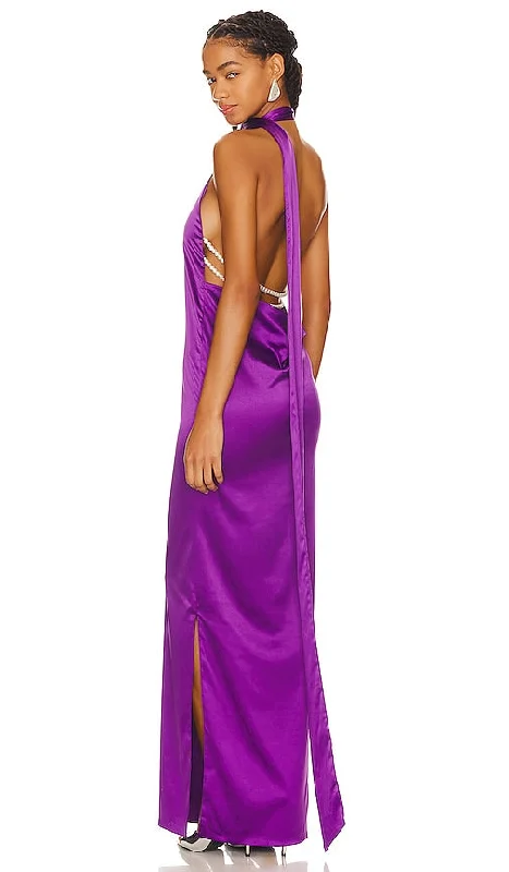 Khanums Kara Pearl Trim Maxi Dress in Purple Trendy Satin Maxi Dress