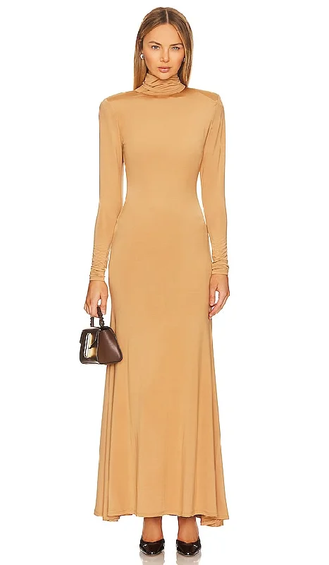 L'Academie Kyma Maxi Dress in Taupe Fashionable Layered Maxi Dress
