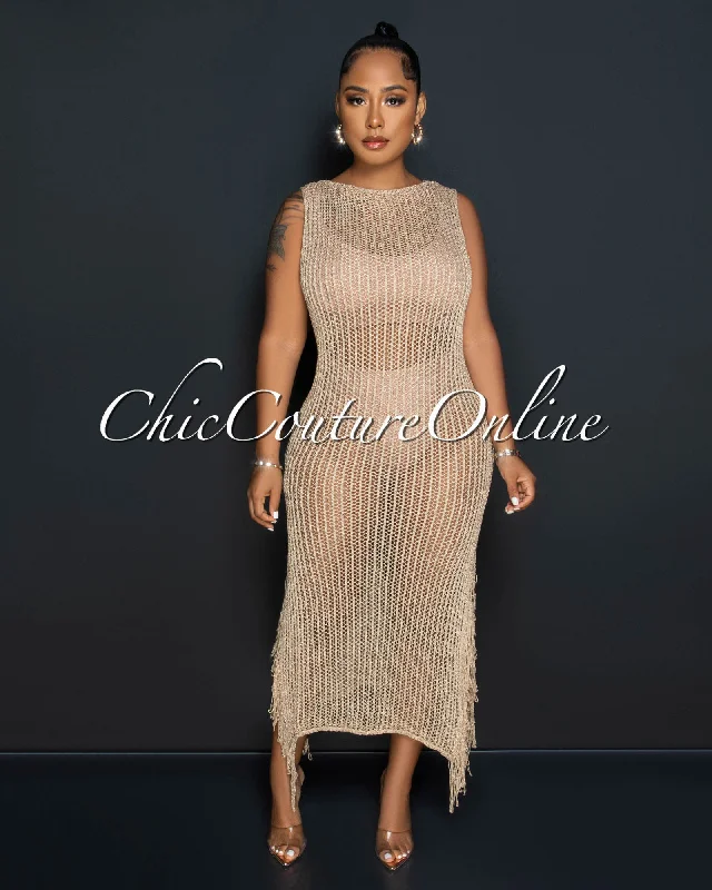 Lajos Gold Crochet Fringe Hem See-Through Maxi Dress Comfortable Long-Sleeve Maxi Dress Lajos Gold Crochet Fringe Hem See-Through Maxi Dress Comfortable Long-Sleeve Maxi Dress