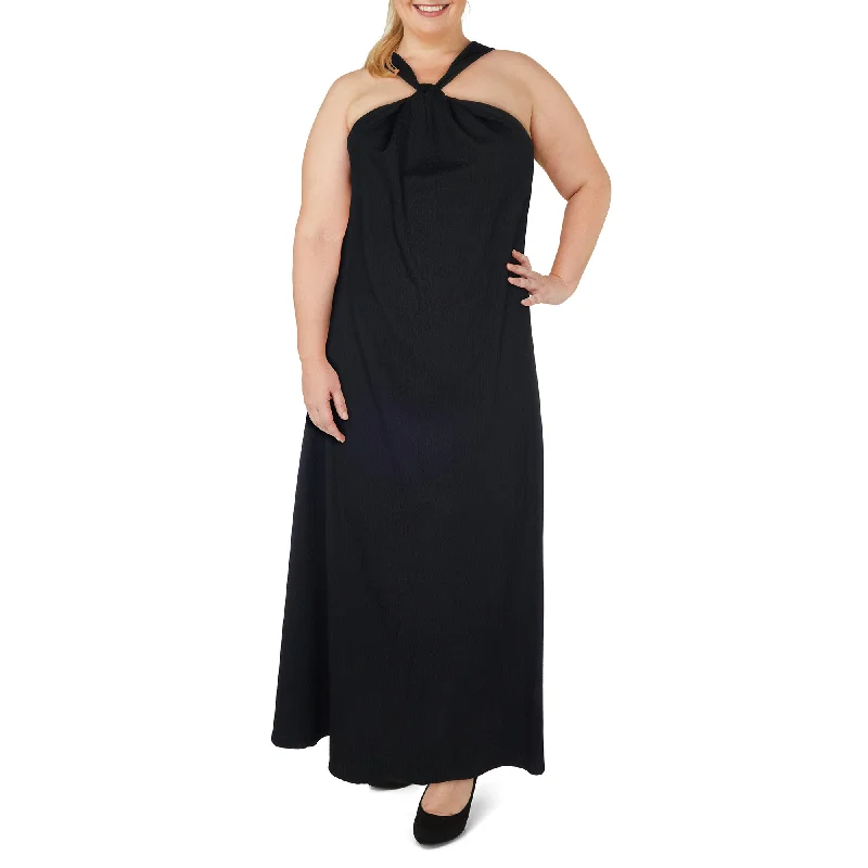 lily morgan Women's Plus Black and White Halter Twist Maxi Dress Cozy Ribbed Maxi Dress