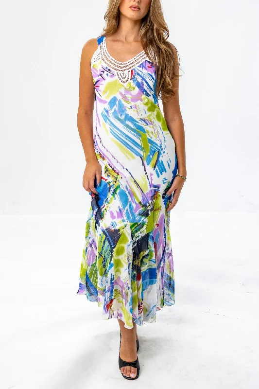 Long Colourful Maxi Dress with Embroidered Trim Neckline Comfortable Fit-and-Flare Maxi Dress