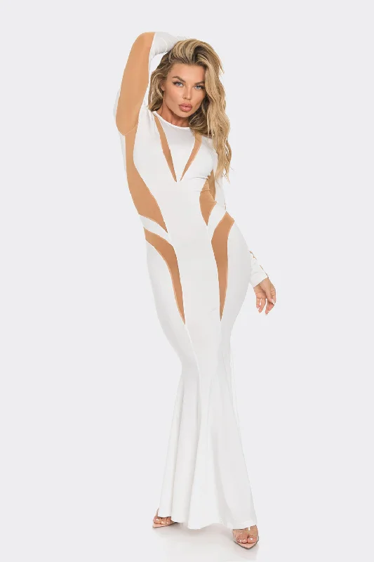 Long Sleeve Mesh Cut Out Detail Maxi Dress Trendy Button Front Maxi Dress