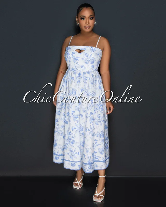 Lorena White Blue Print Smocked Back Maxi Dress Cozy Maxi Dress with Slit
