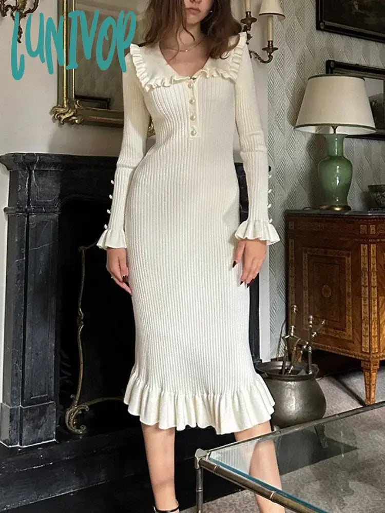Lunivop High Waist Ruffled Maxi Dresses For Women Autumn Winter Knitted Slim Long Dress Women's Vintage Dress Woman Retro Elegant Fashionable Off-Shoulder Maxi Dress