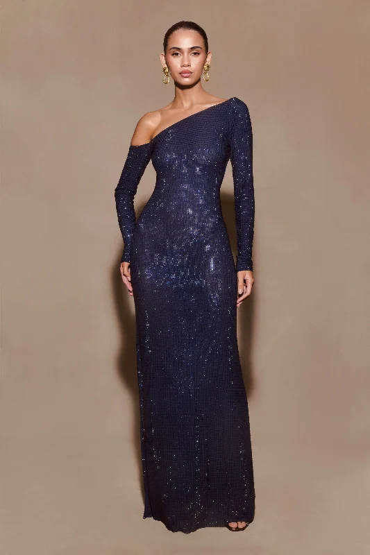 Marcia Diamante Long Sleeve Maxi Dress - Navy Comfortable Long-Sleeve Maxi Dress