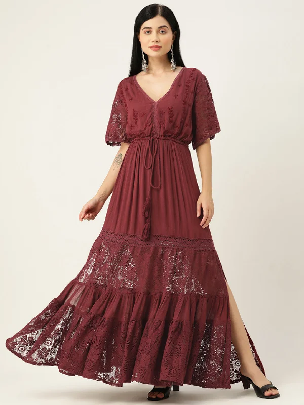 Maroon Fit & Flare Maxi Dress Stylish A-Line Maxi Dress