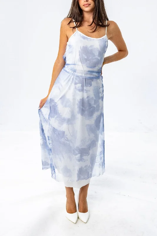 Mesh Double Lined Maxi Dress with Blue Design in White Chic Boho Print Maxi Dress