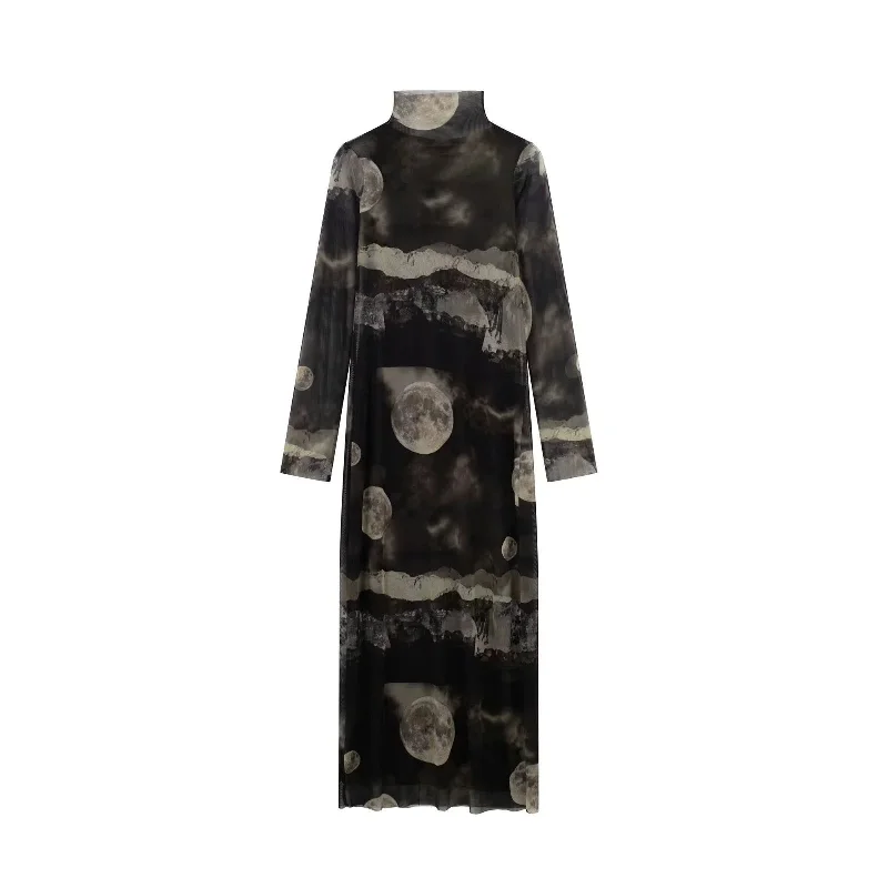 Mock Neck Long Sleeve Moon Print Maxi Dress Elegant Lace-Up Maxi Dress