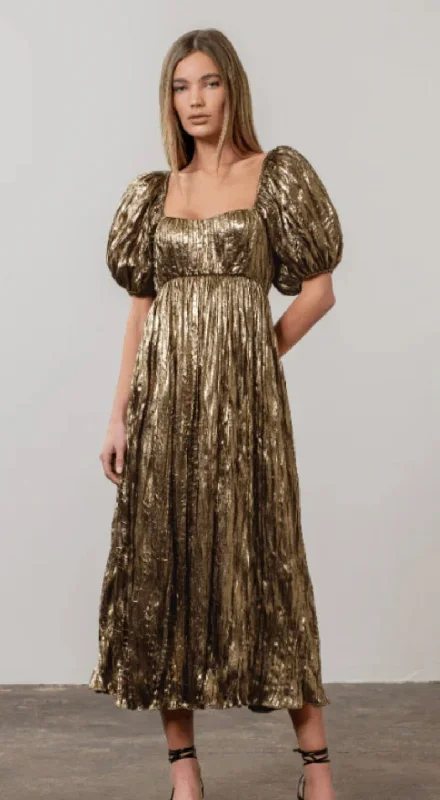 Moon River Gold Puff Sleeve Maxi Dress Casual Maxi Dress with Pockets