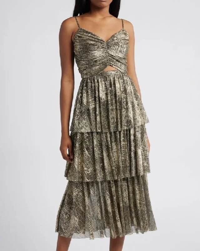 Moon River Metallic Tiered Maxi Dress Fashionable Sleeveless Maxi Dress