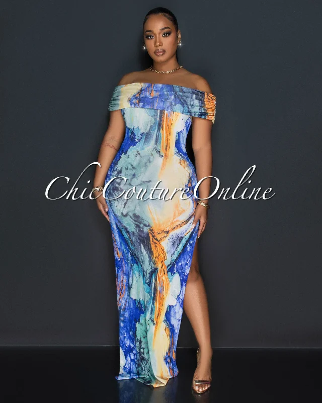 Morella Blue Multi-Color Print Off-The-Shoulder Maxi Dress Comfortable T-Shirt Maxi Dress
