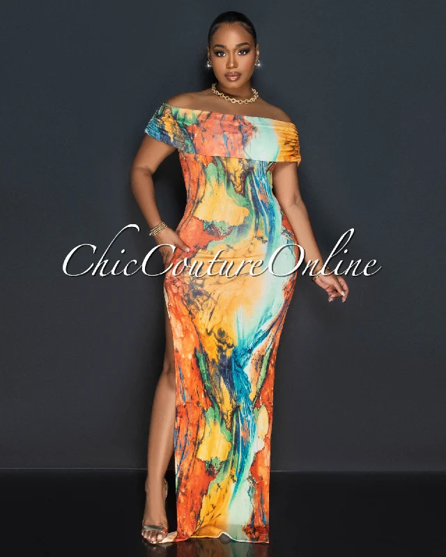 Morella Orange Multi-Color Print Off-The-Shoulder Maxi Dress Fashionable Chiffon Tiered Maxi Dress