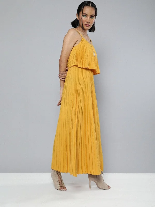 Women's Mustard Pleated Strappy Maxi Dress - SASSAFRAS Elegant Pleated Maxi Dress