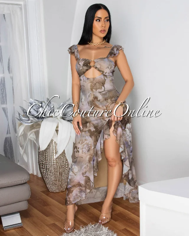 Nadria Olive Green Lilac Mesh Slit Maxi Dress Comfortable T-Shirt Maxi Dress