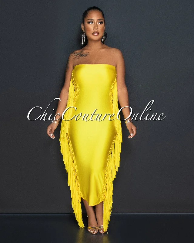 Natisha Yellow Tassels Sided Tube Maxi Dress Stylish A-Line Maxi Dress