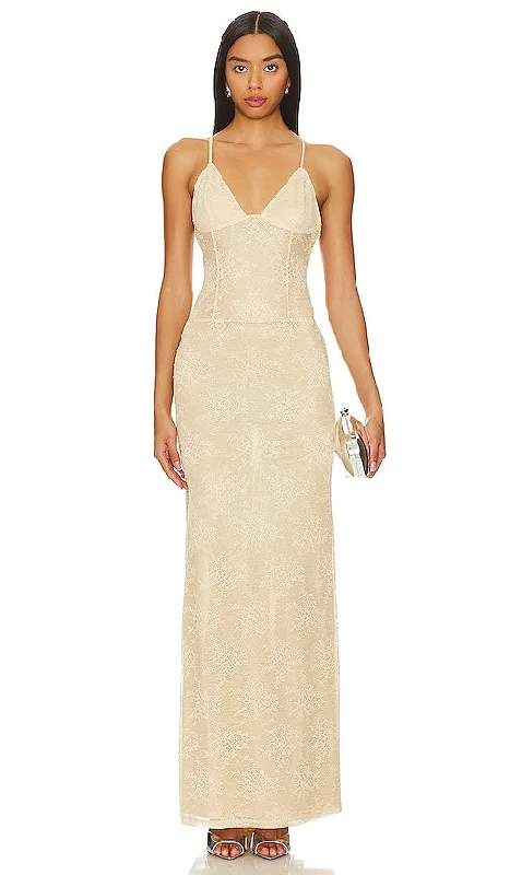 NBD Cozette Maxi Dress in Neutral Comfortable Ruffle Maxi Dress
