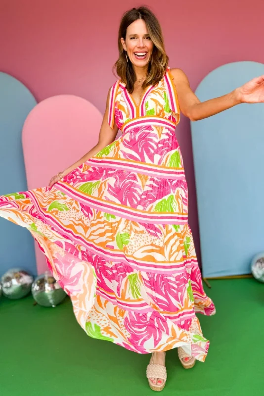 Orange Multi Print V Neck Shoulder Tie Tiered Maxi Dress *FINAL SALE* Fashionable Chiffon Maxi Dress