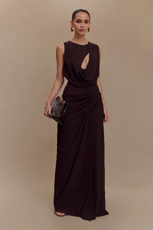 Oria Chiffon Maxi Dress - Cacao Brown Elegant Pleated Maxi Dress