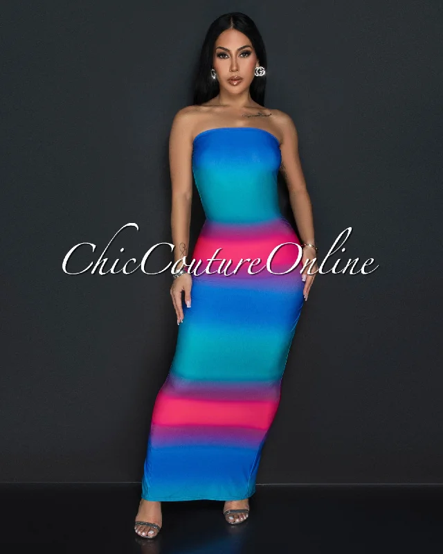 Ozlem Fuchsia Blue Ruched Tube Maxi Dress Chic Sleeveless Maxi Dress
