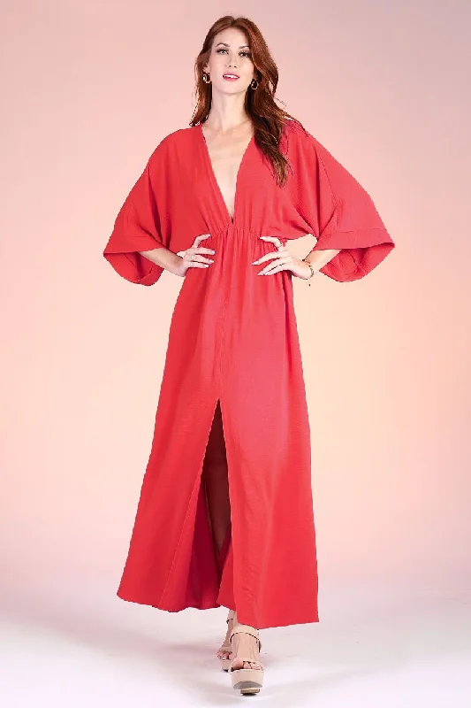 Palisades Deep V Maxi Dress in Red Comfortable Ruffle Hem Maxi Dress