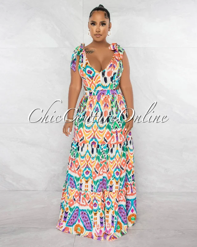 Perez Ivory Multi-Color Print Cut-Out Maxi Dress Trendy Ruffled Maxi Dress