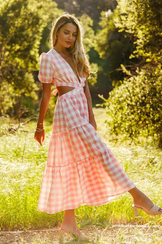 Pink Plaid V-neck Cut Out Maxi Dress Cozy Wrap Maxi Dress