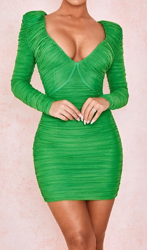 PLUNGE RUCHED MINI DRESS IN GREEN Classic White Mini Dress