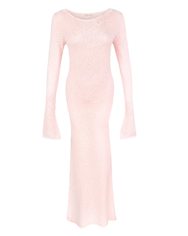 Pointelle Soft Knit Maxi Dress - Soft Pink Elegant Maxi Dress with Belt