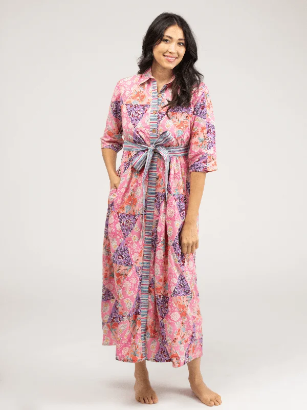 Quilted Maxi Dress in Pink Triangles Cozy Ribbed Maxi Dress