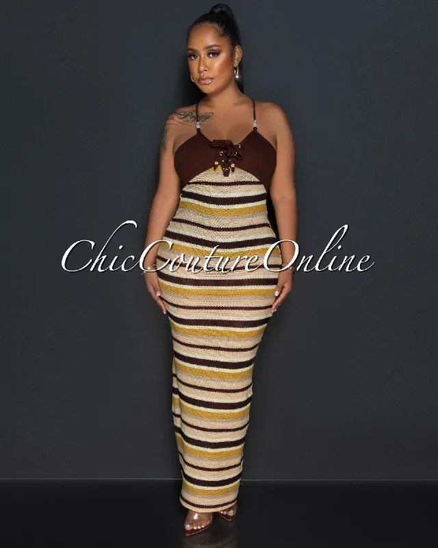 Rainey Brown Multi -Color Halter Crochet Maxi Dress Cozy Cold-Shoulder Maxi Dress