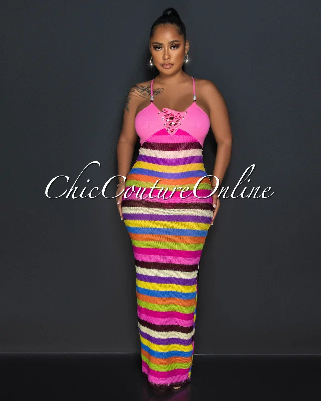 Rainey Pink Multi Halter Crochet Maxi Dress Trendy Floral Print Maxi Dress