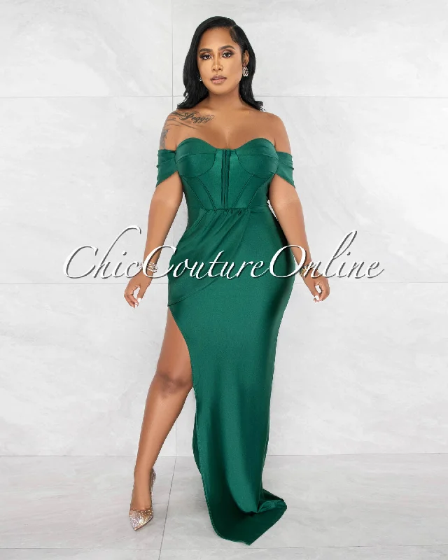 Raisa Hunter Green Corset Style Draped High Slit Maxi Dress Comfortable Fitted Maxi Dress