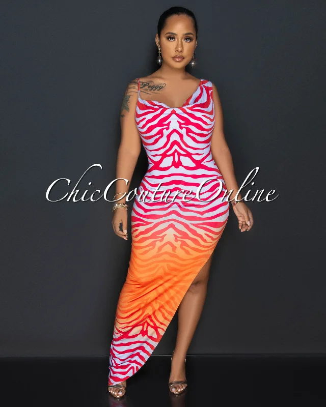 Raizza Orange Lilac Print Leg Slit Maxi Dress Comfortable Maxi Dress with Sleeves