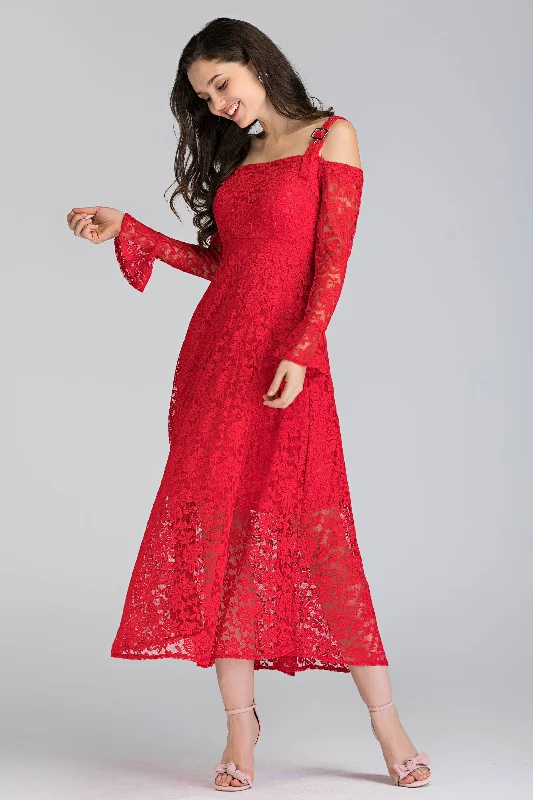Red Soft Lace Belt Strap Cold Shoulder Maxi Dress Fashionable Faux Wrap Maxi Dress