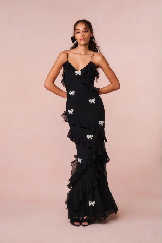 Rialto Crystal Bow-Embellished Maxi Dress Cozy Spaghetti Strap Maxi Dress