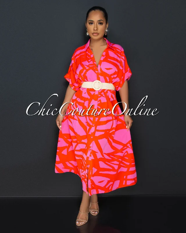 Rockie Orange Fuchsia Nude Straw Belt Shirt Maxi Dress Stylish Button-Up Maxi Dress