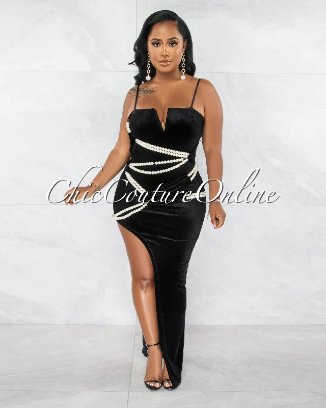 Saffira Black Velvet Pearls Chains Décor Side Slit Maxi Dress Trendy Maxi Dress with Lace Saffira Black Velvet Pearls Chains Décor Side Slit Maxi Dress Trendy Maxi Dress with Lace