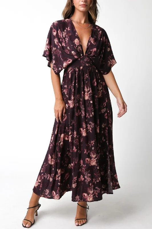Seasons Leaves Deep V Maxi Dress Comfortable Fitted Maxi Dress