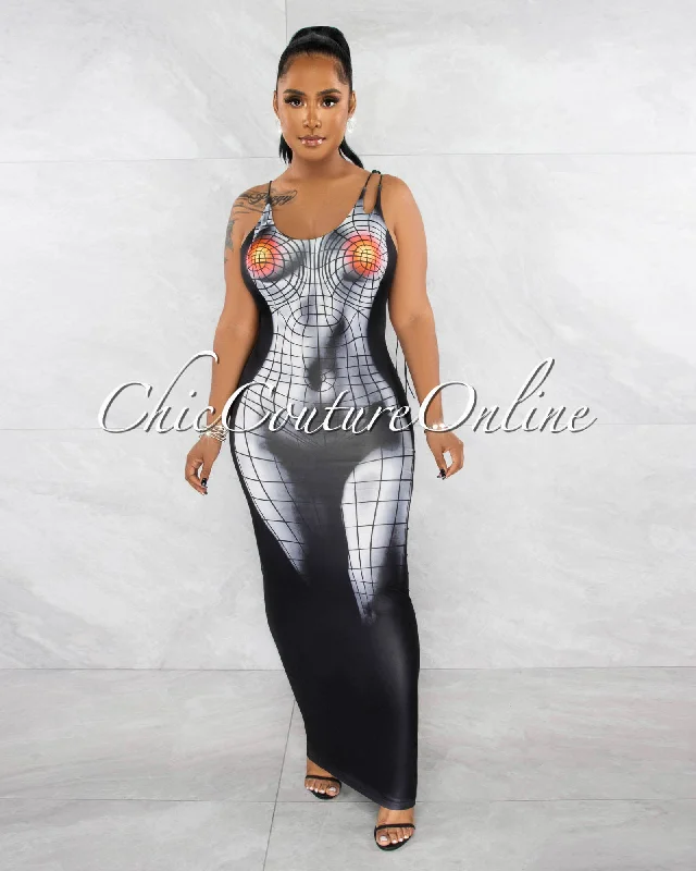 Simone Black Grey Body Shape Graphic Maxi Dress Stylish Boho Chic Maxi Dress