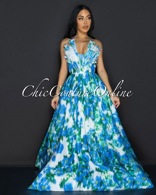 Skyli Blue Green Floral Maxi Dress Classic A-Line Maxi Dress