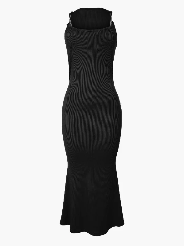 Sleeveless Maxi Dress W/ Clear Straps Fashionable Printed Maxi Dress