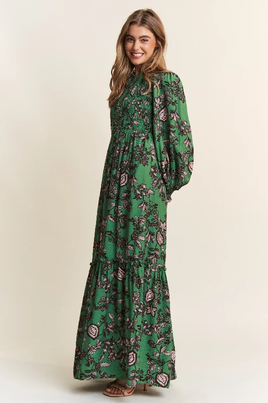 Smocked Bodice Maxi Dress Green Elegant Boho Maxi Dress
