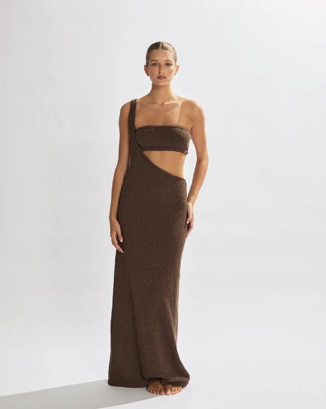 Solei Knit Maxi Dress Chocolate Cozy Ruffle Sleeve Maxi Dress
